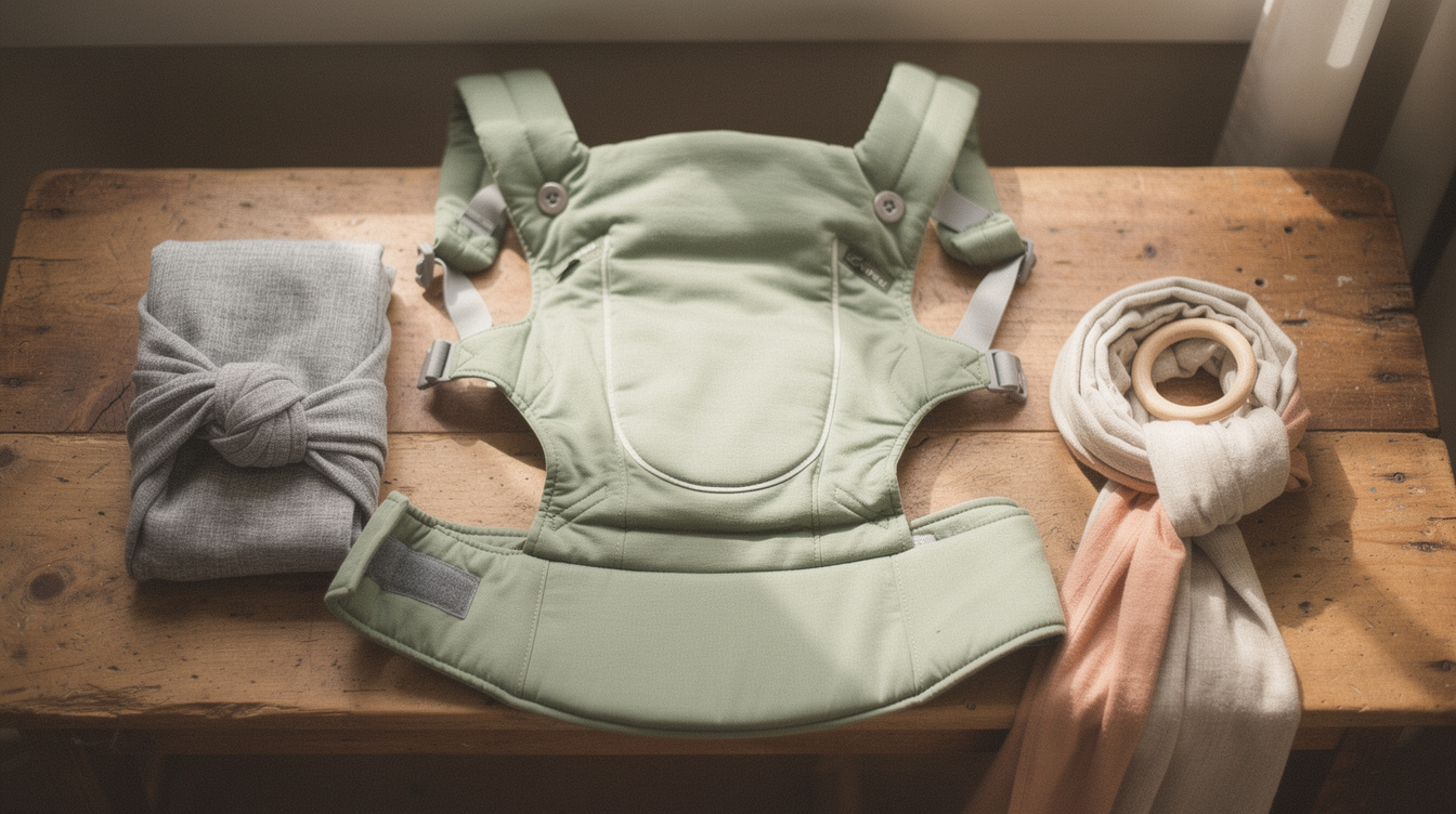 A soft-structured baby carrier laid open on a wooden bench beside a folded gray woven wrap and a ring sling with a wooden ring, showing the wide seat panel from above in soft daylight