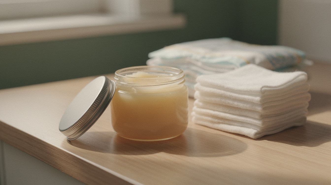 A jar of petroleum jelly opened next to a stack of white gauze squares and a fresh disposable diaper on a light wooden bathroom counter in soft morning light