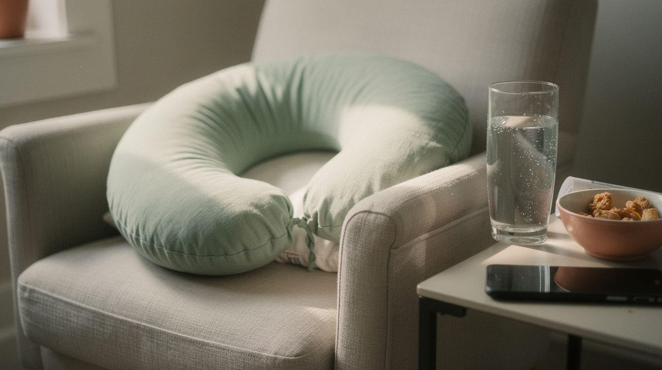 A nursing pillow left on a linen armchair beside a tall glass of water, a snack bowl and a phone, the dent of a long evening still in the cushion