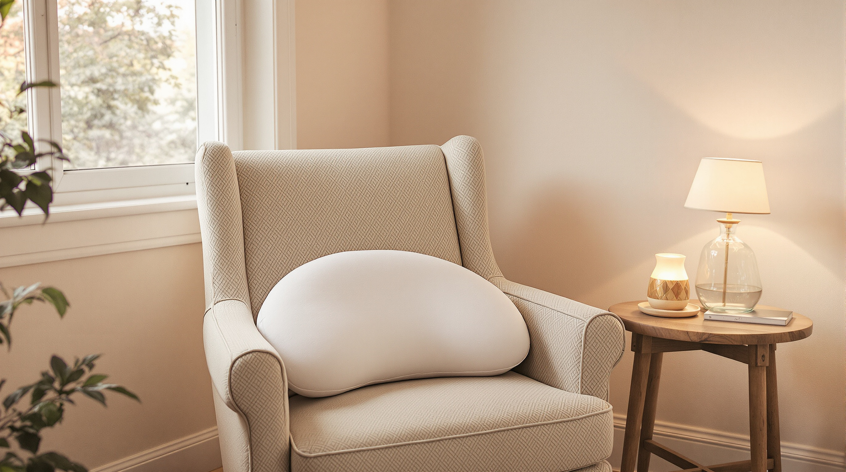 A nursing chair with a crescent pillow beside a lamplit side table at dusk