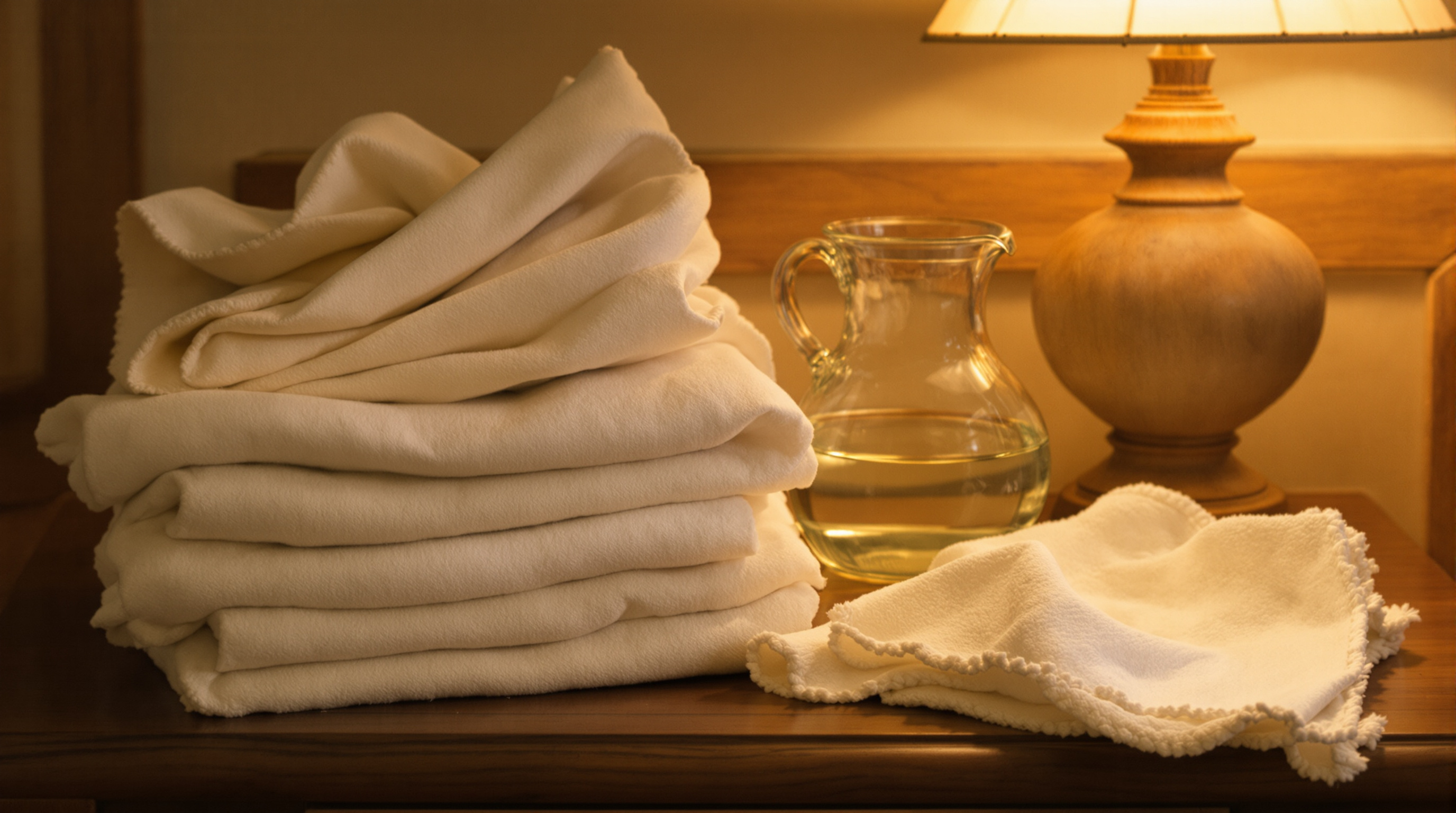 Folded burp cloths and a water pitcher under warm lamplight at night