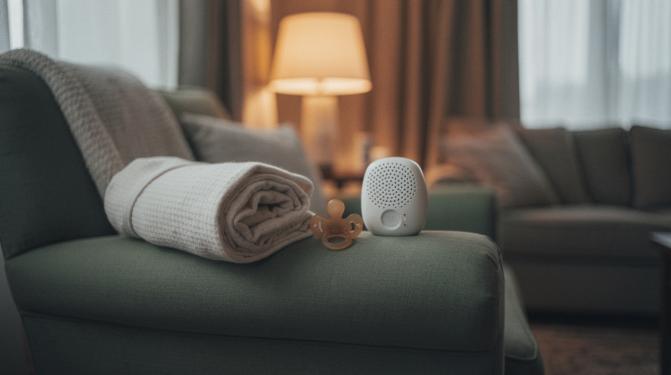 A tightly-swaddled receiving blanket beside a pacifier and a small white-noise machine on the arm of an armchair in a dim living room lit by one warm evening lamp, curtains drawn against the fading light