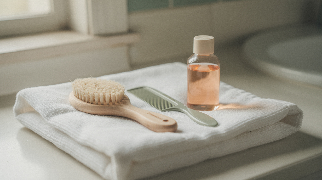 A soft-bristled baby scalp brush, a fine-tooth comb and a small bottle of gentle baby oil arranged on a folded white towel on a bathroom counter