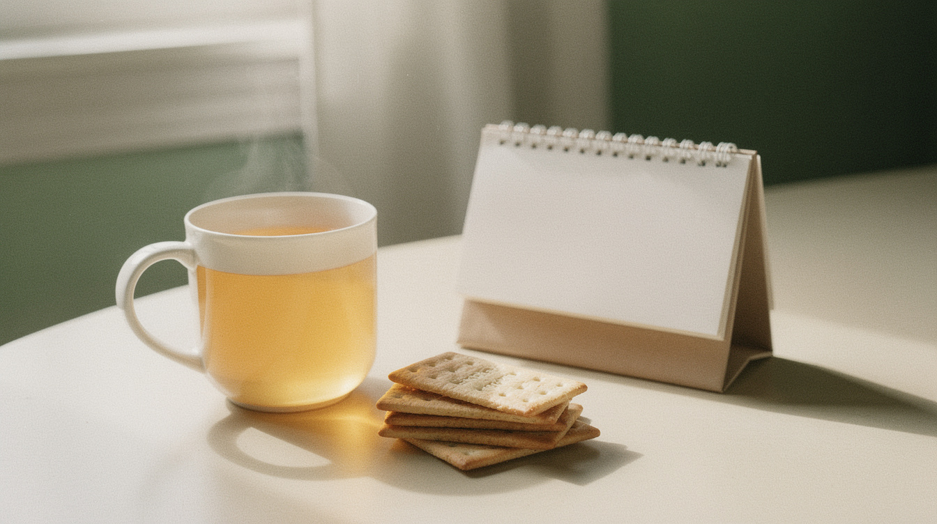A mug of ginger tea, a sleeve of plain crackers and a small desk calendar on a pale table in soft morning light