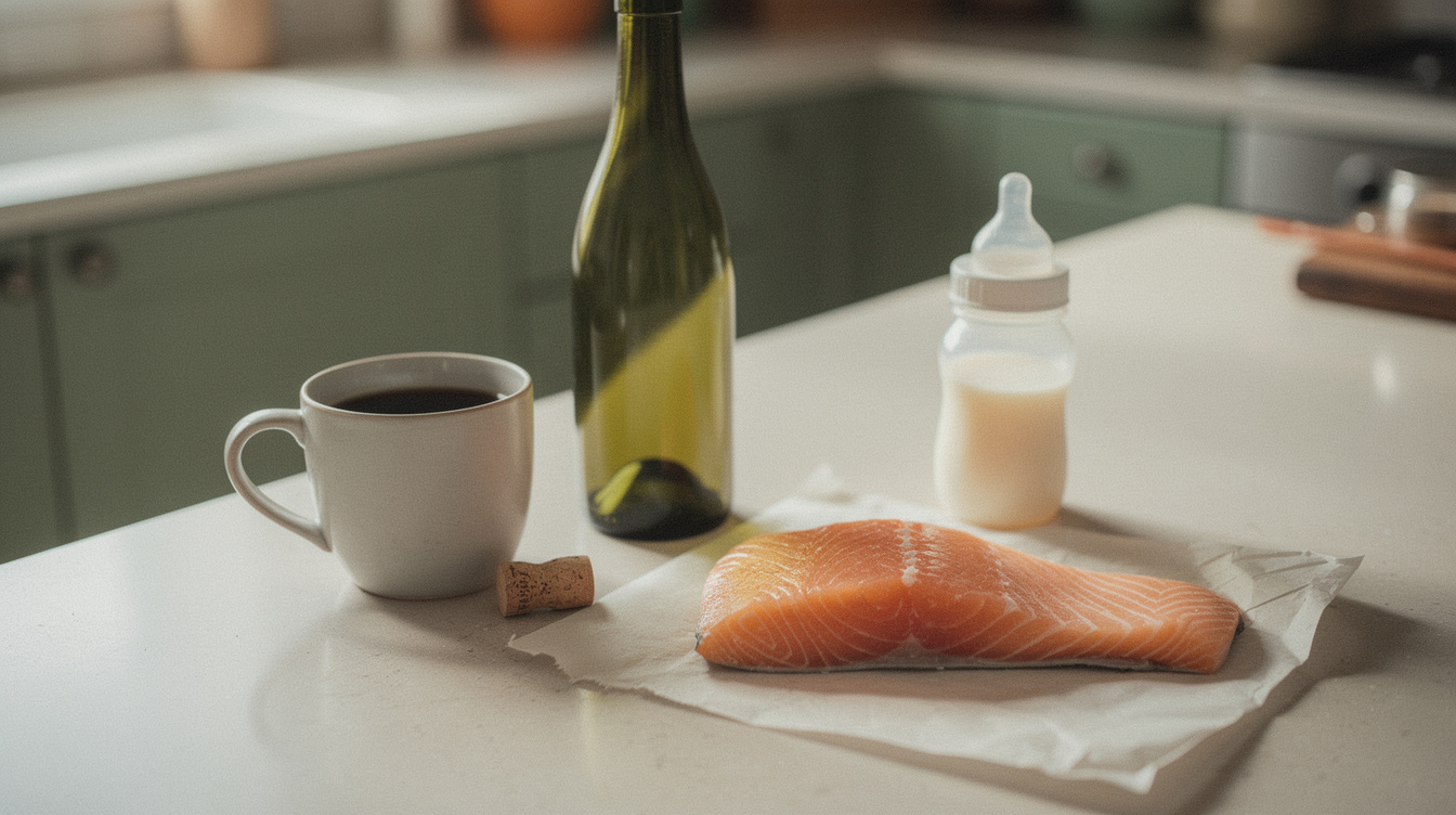 A kitchen counter holding a full mug of black coffee, an unlabeled green wine bottle with its cork resting beside it, a raw salmon fillet on butcher paper, and a capped bottle of expressed breast milk, in flat morning light