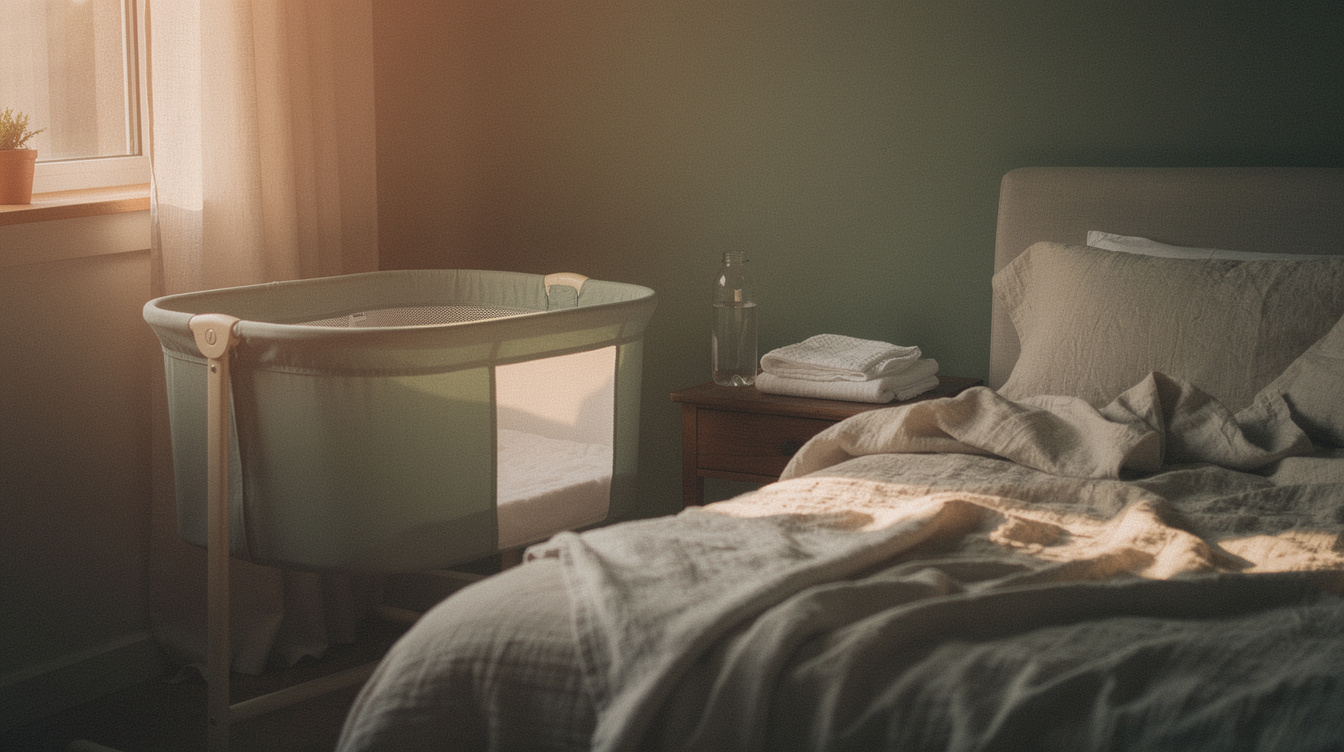 A bassinet beside an unmade bed in a dim bedroom at dawn, a water bottle and a burp cloth on the nightstand