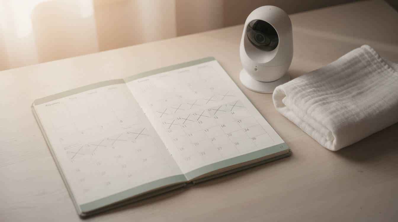 A desk calendar open to a two-month spread with several weeks crossed out lightly in pencil, beside a small baby monitor and a folded white swaddle blanket on a light wood surface