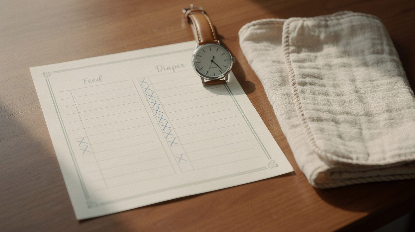 A printed feed and diaper tracking log sheet on a wooden table with tally marks in blue pen, a small analog wristwatch resting on it, and a folded muslin burp cloth beside it in soft morning light