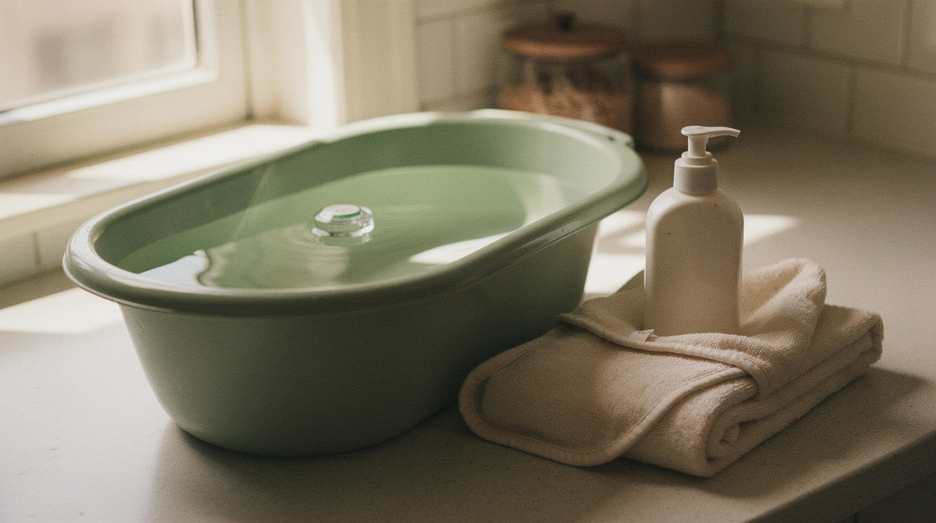 A small baby bathtub on a counter with shallow water, a floating bath thermometer, a hooded towel and a bottle of baby wash