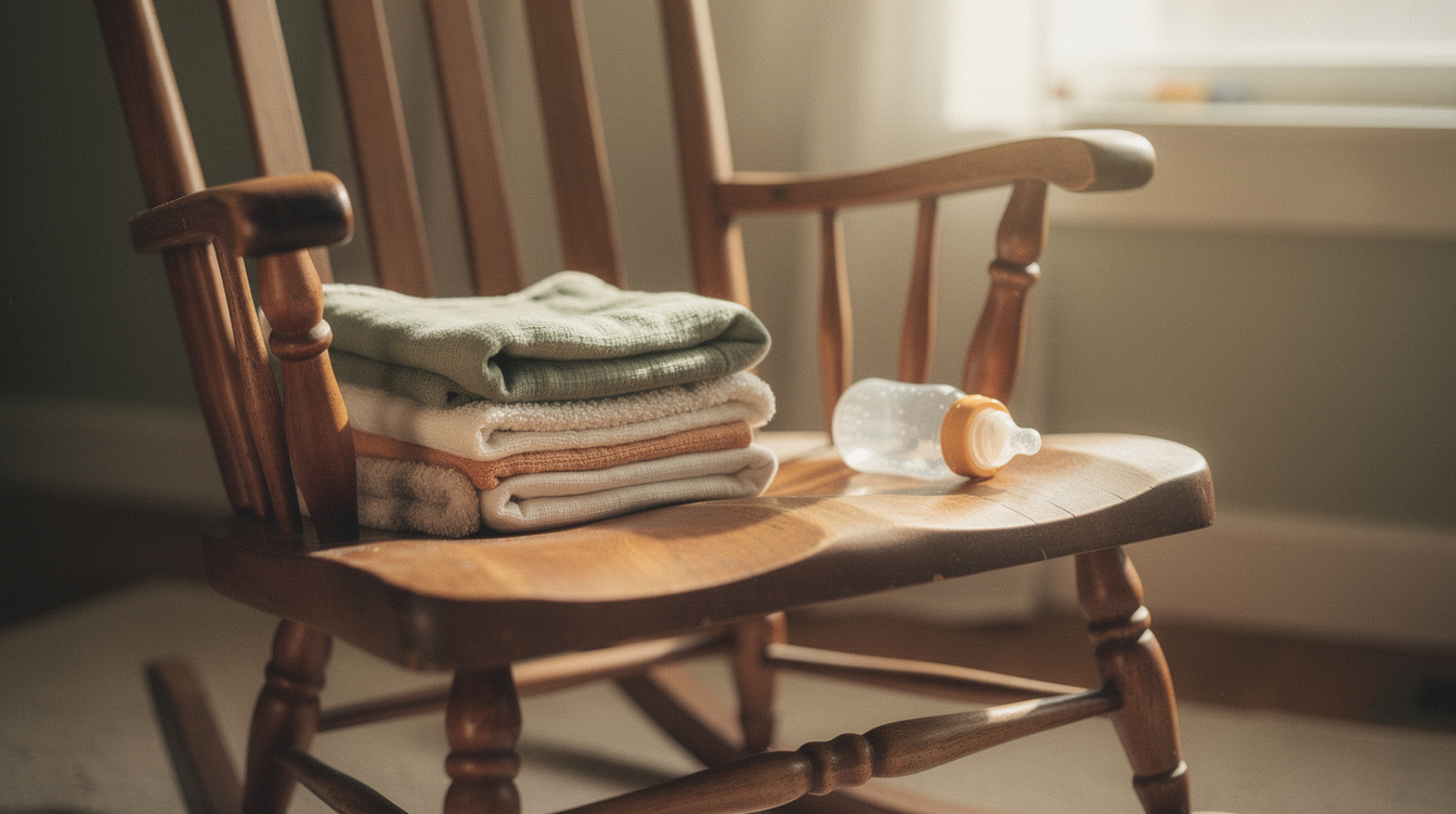 A stack of clean burp cloths on the arm of a wooden rocking chair beside an empty baby bottle in warm afternoon light