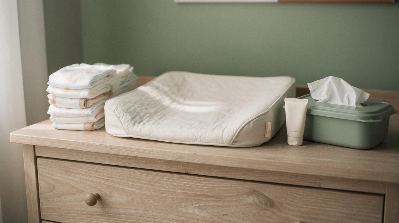 An open changing pad on a dresser laid out with a stack of newborn diapers, a tub of wipes and a tube of diaper cream