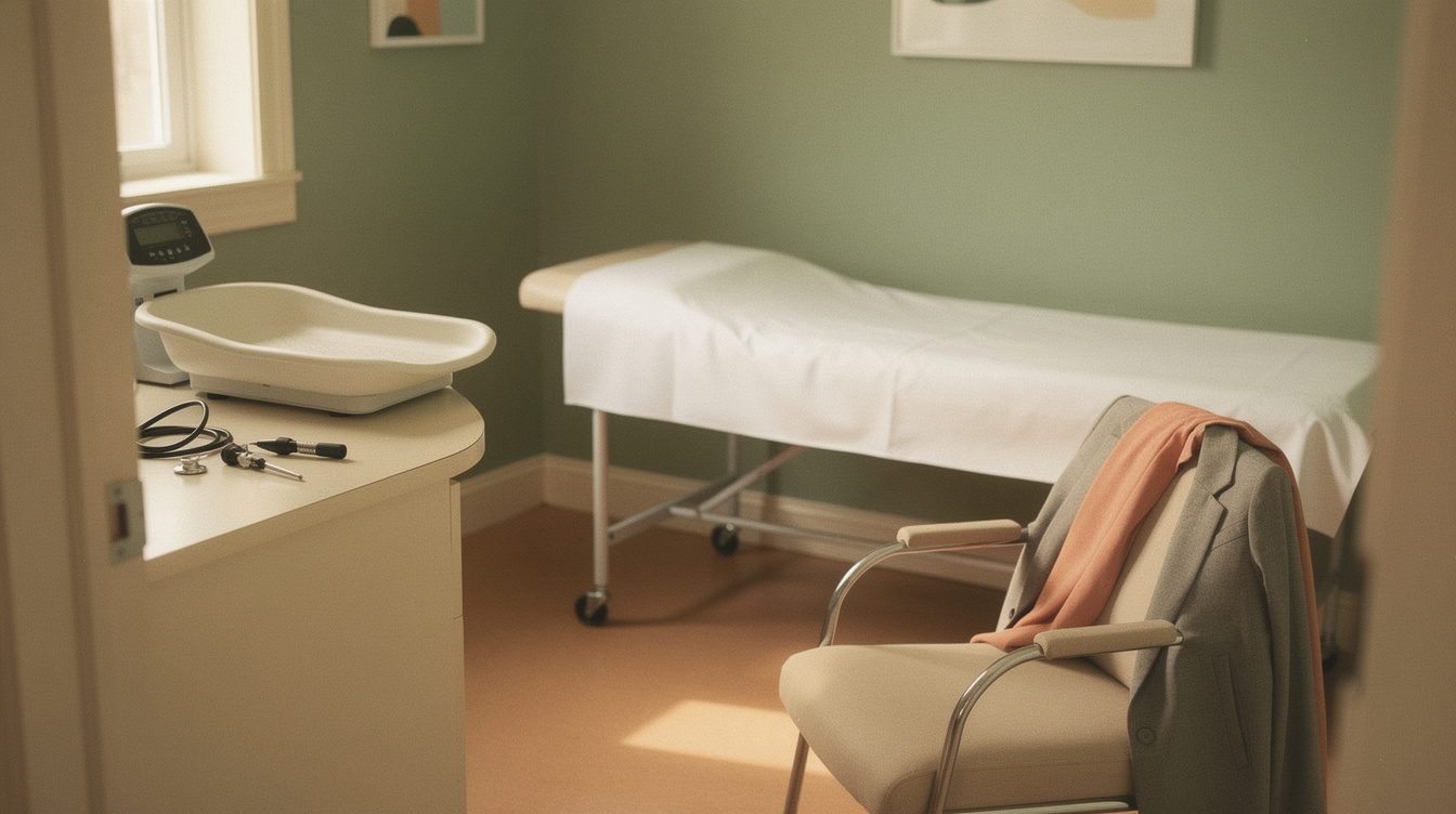 An empty pediatric exam room seen from the doorway: a padded exam table covered in fresh white paper, a curved infant scale with its tray, a small stethoscope and an otoscope resting on the counter, and two adult coats draped over the visitor chair as if expectant parents had stopped in for a meet-and-greet.