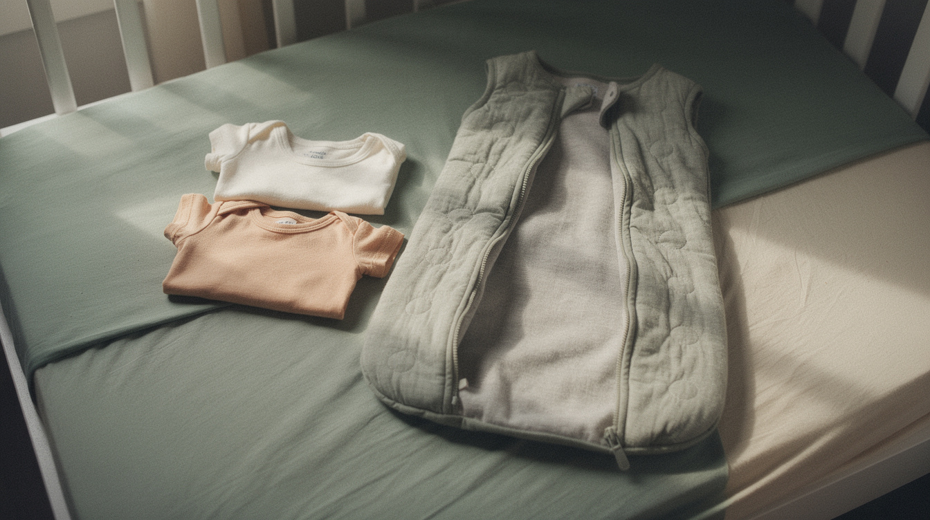 A zip-up wearable sleep sack lying open on a bare crib mattress with a fitted sheet, beside a folded cotton footed sleeper and a plain short-sleeve bodysuit, in cool morning light