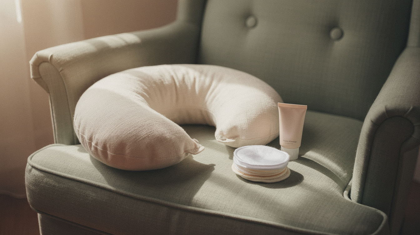 A crescent-shaped nursing pillow resting open on an armchair seat, with a tube of lanolin nipple cream and a small stack of round cotton nursing pads on the chair arm, soft daylight