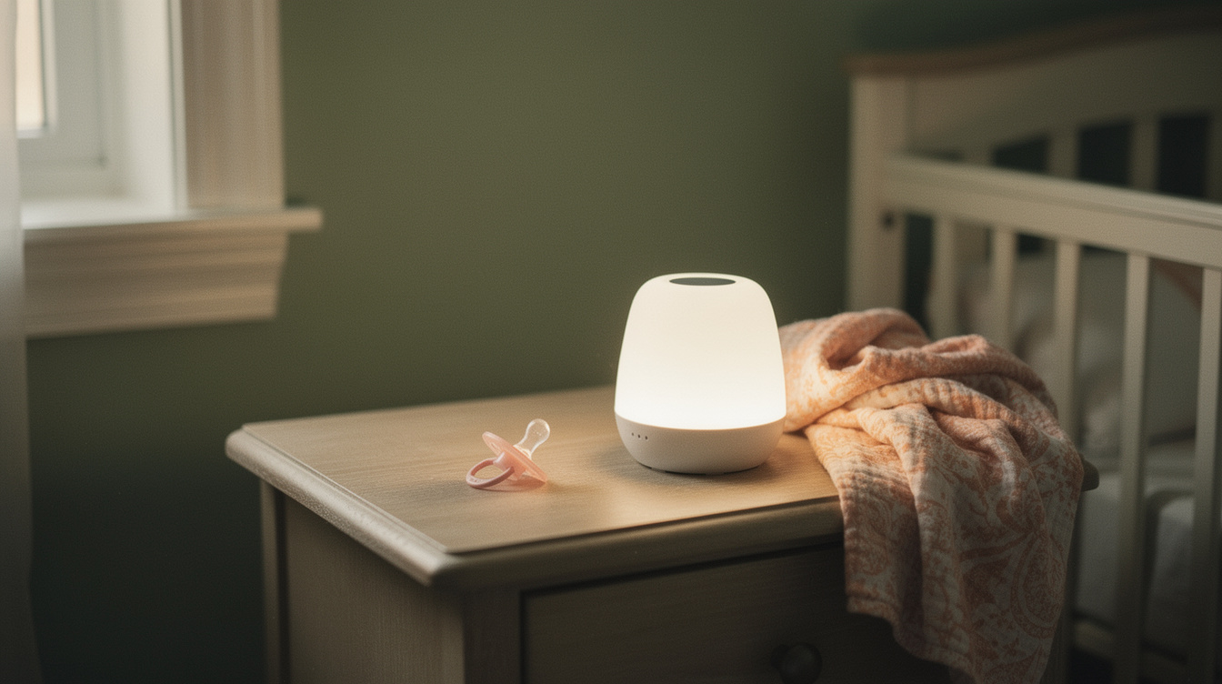 A white-noise machine glowing softly on a nightstand beside a pacifier and a rumpled swaddle blanket in a dim nursery