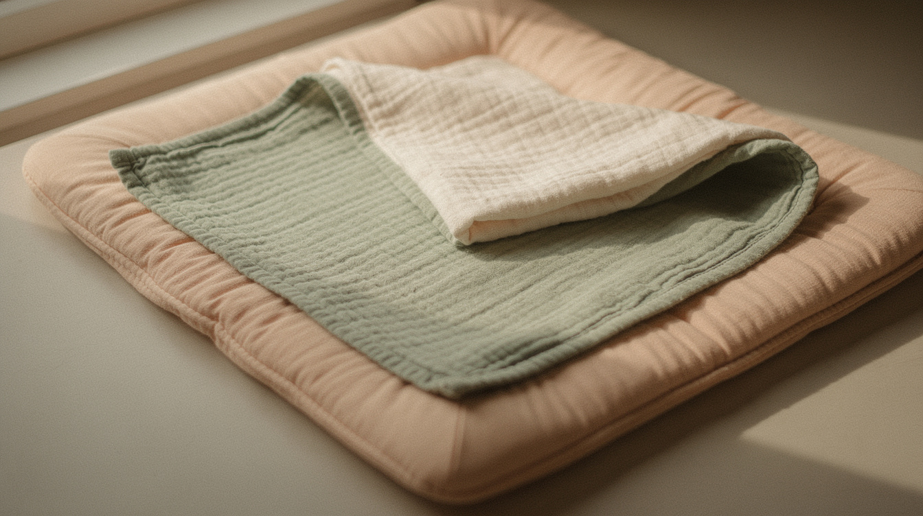A square muslin swaddle blanket spread flat in a diamond on a changing pad with one corner folded over, soft daylight