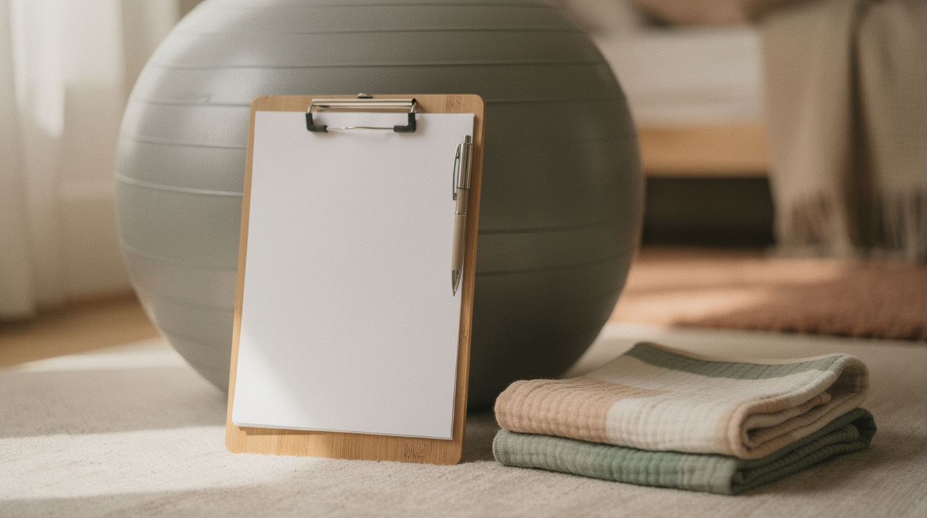 A clipboard holding a blank page with a pen clipped to it, propped against a large gray birthing ball on a bedroom floor, with a folded receiving blanket beside it in soft morning light