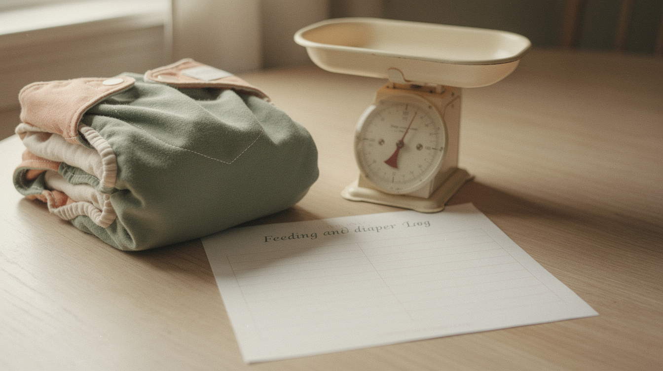 A folded newborn cloth diaper, a small pediatric baby scale, and a paper feeding-and-diaper log with tally marks laid out on a light wood table in soft morning light