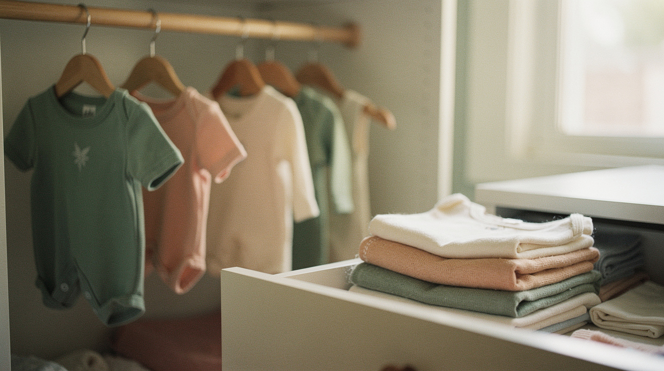 A half-organized nursery closet with tiny clothes on small wooden hangers and folded stacks in an open drawer, afternoon light