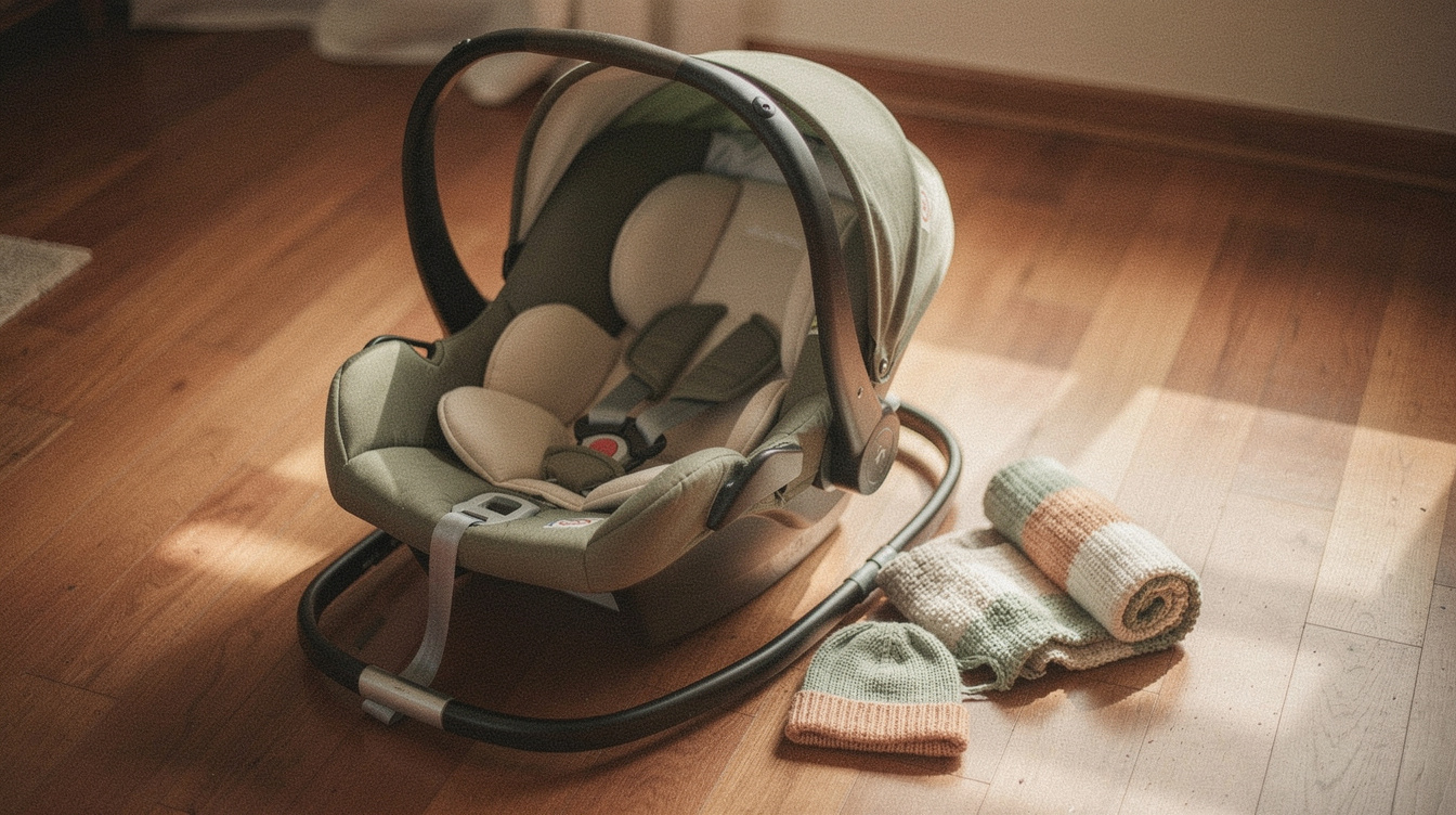 A rear-facing infant car seat carrier resting on a hardwood floor with its five-point harness straps laid open and unbuckled, a rolled lightweight baby blanket and a knit newborn hat sitting beside the carry handle
