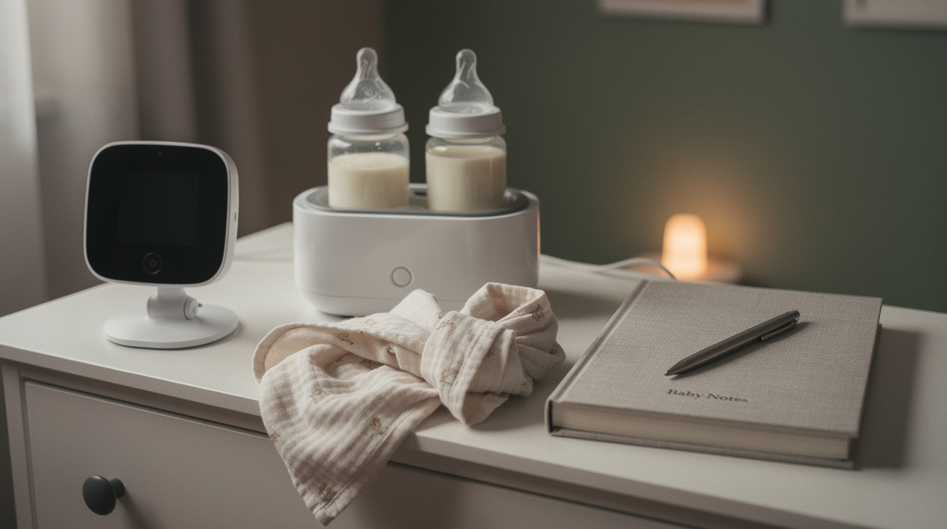 A video baby monitor, a bottle warmer with two prepared baby bottles, a folded muslin swaddle, and a closed notebook with a pen arranged on a nursery dresser beside a dim night-light