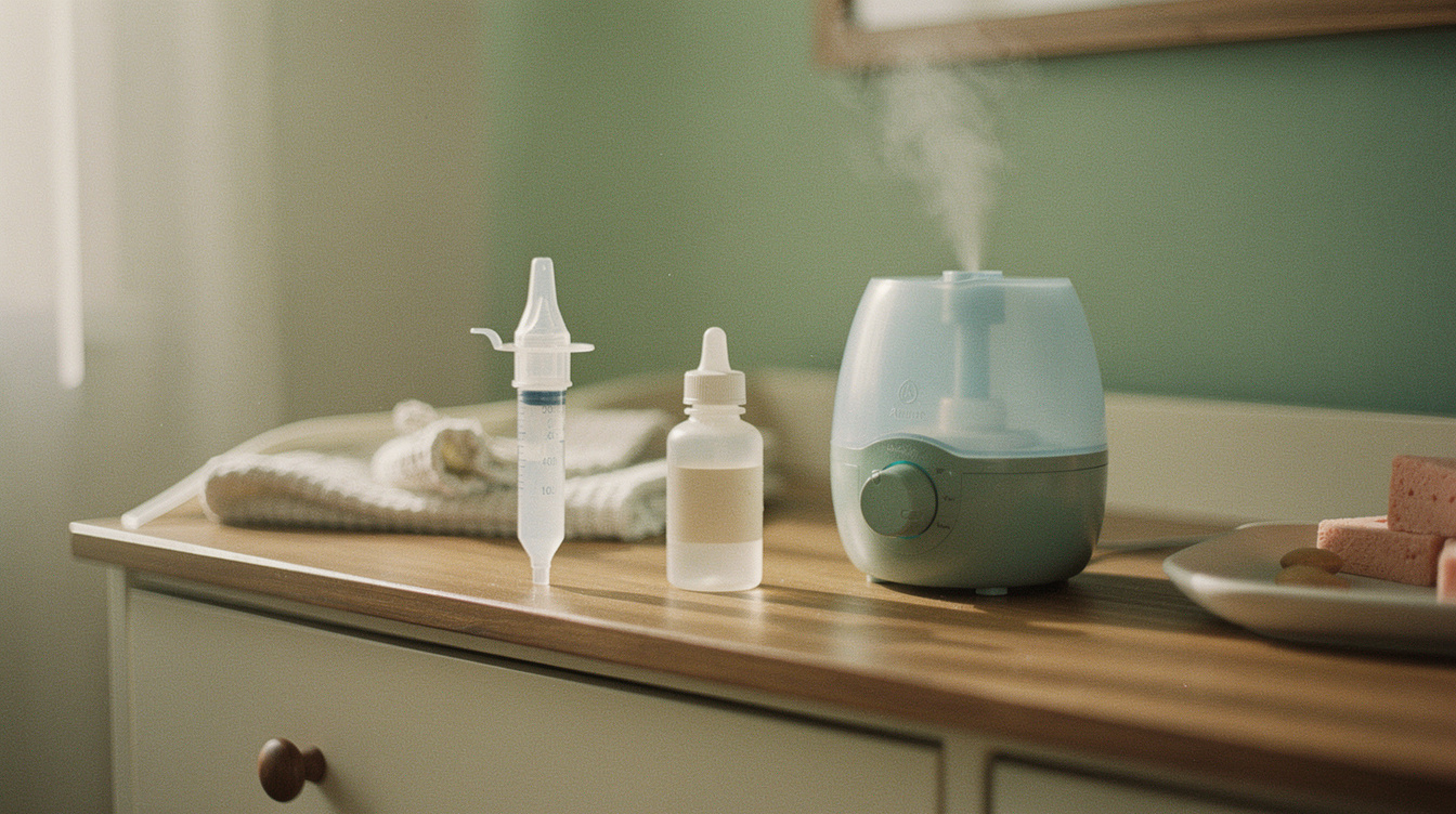 A bulb syringe nasal aspirator, a small bottle of saline drops and a cool-mist humidifier releasing a soft plume on a nursery dresser