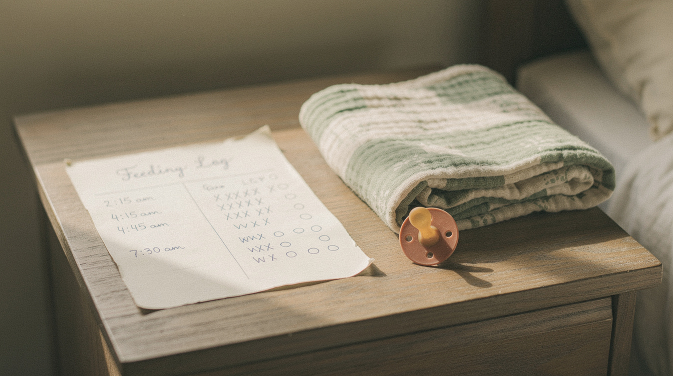 A handwritten paper feeding log on a nightstand — timestamped feeds and small tick marks for wet and dirty diapers in ballpoint pen — beside a folded muslin swaddle and a pacifier, in soft morning light