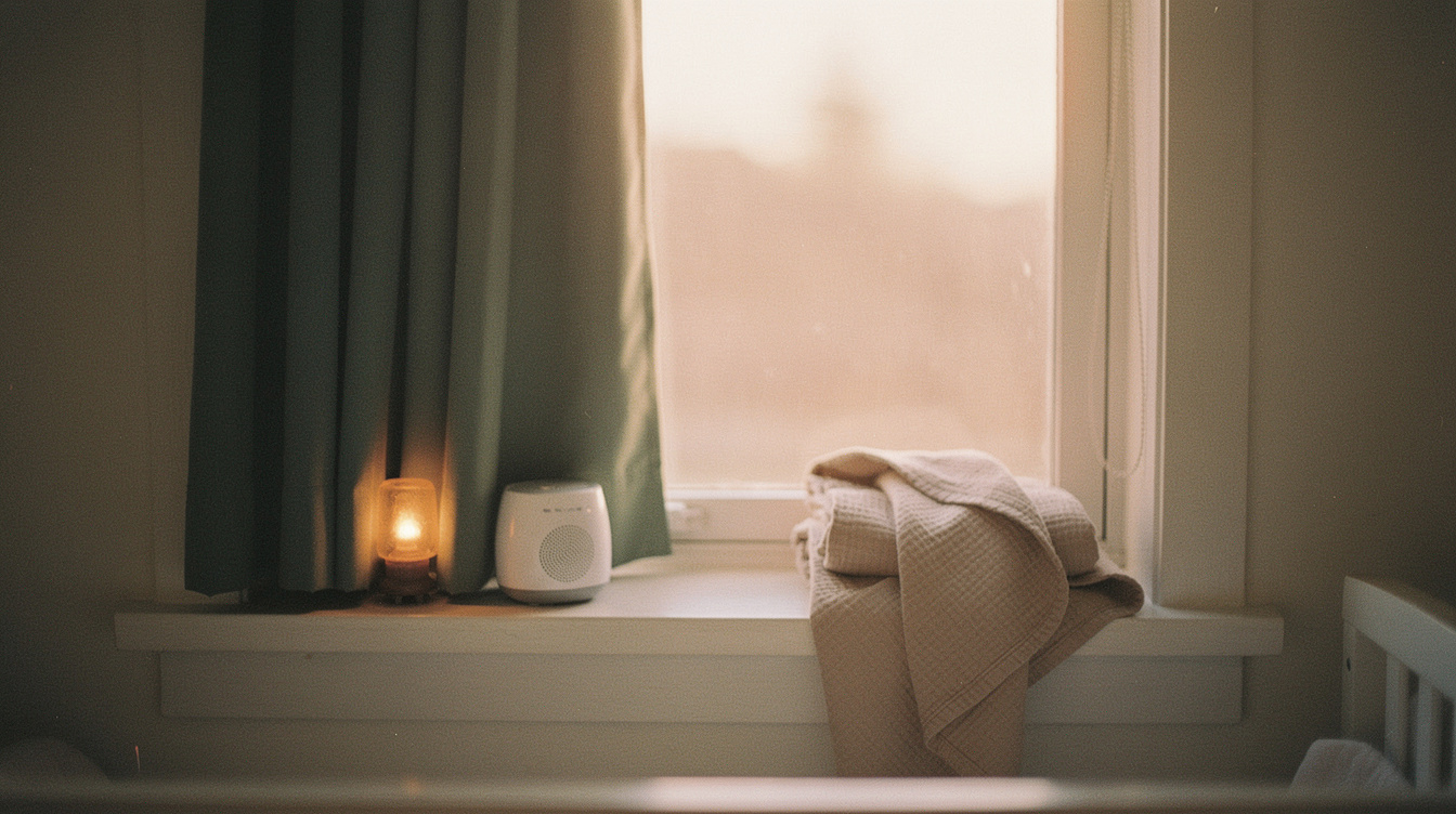 A nursery window at dawn with blackout curtains pulled shut across most of it and bright morning light pouring through the open half, a dim amber plug-in night-light and a small white noise machine on the sill in the dark side, and a folded swaddle on the lit side