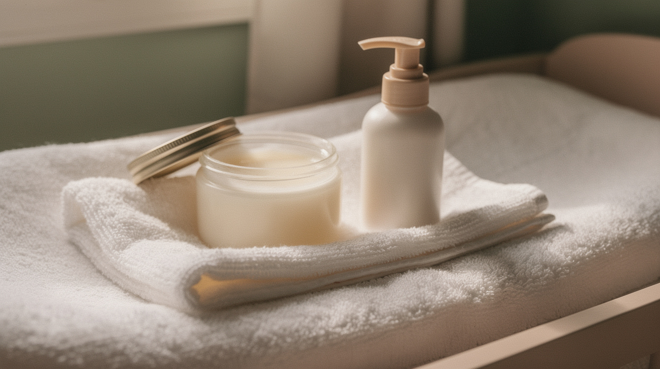 An open jar of unscented petroleum jelly and a small pump bottle of fragrance-free baby lotion resting beside a folded soft cotton washcloth on a white terry-cloth changing pad.