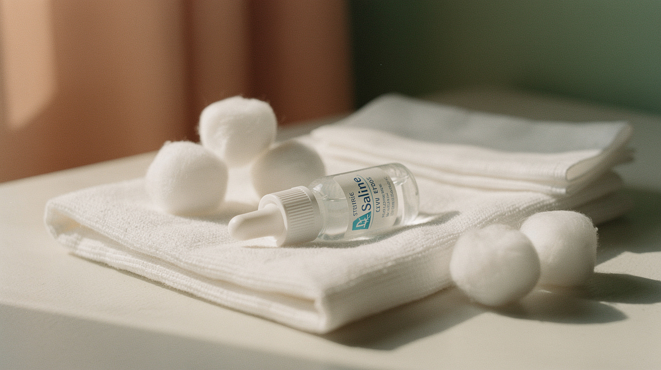 A small bottle of sterile saline eye drops, several cotton balls, and a folded gauze pad arranged on a white washcloth in soft natural light — the items used to clean a newborn's sticky eye discharge