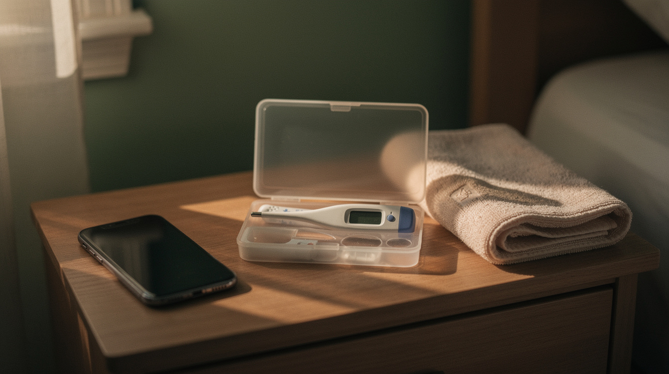 A digital thermometer resting in its open case beside a phone and a folded damp washcloth on a nightstand in low evening light