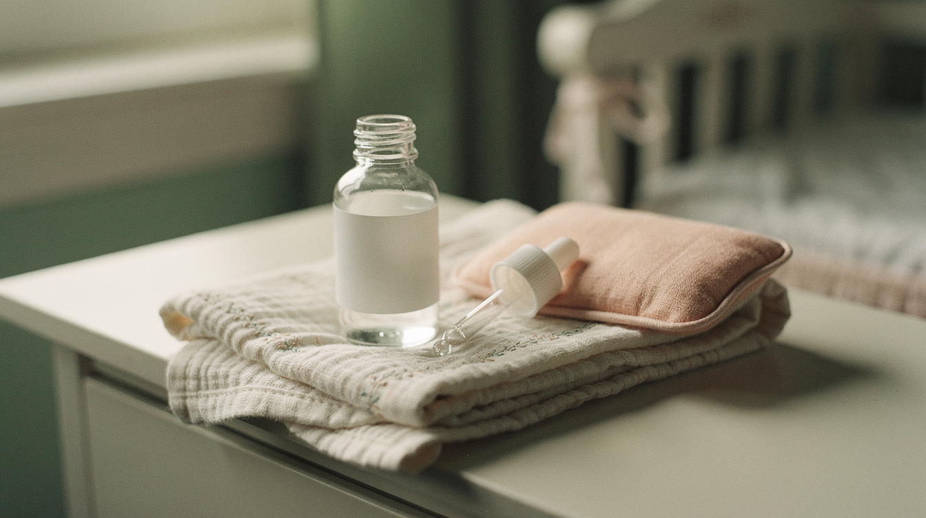 A small bottle of infant gas-relief drops with its dropper beside a folded burp cloth and a warm compress on a nursery dresser