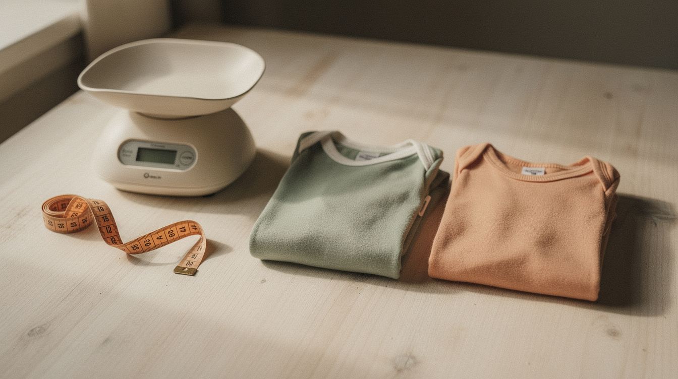 A small baby scale beside a cloth tape measure and two folded onesies — one newborn size and one 3-month size — displayed side by side on a light wooden surface in soft morning light
