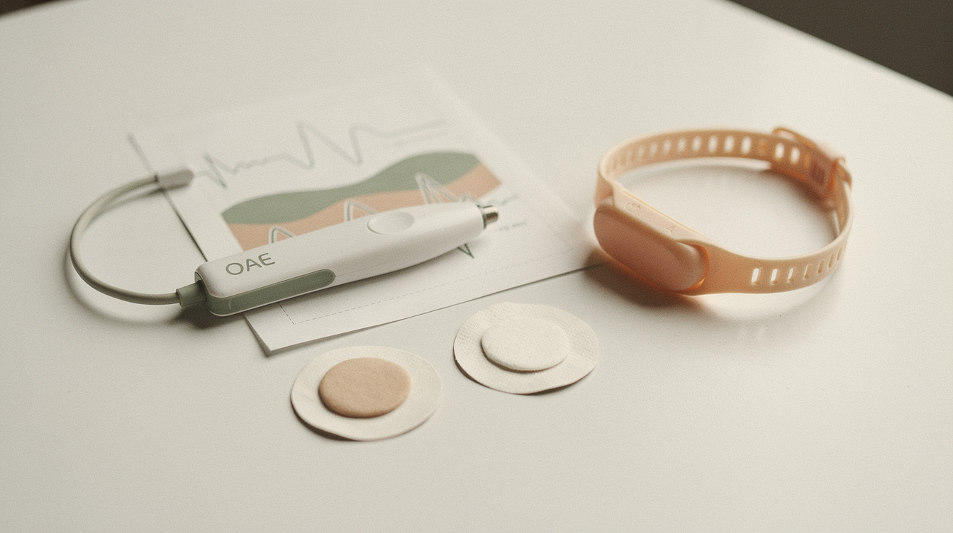 A small OAE hearing-screening probe device and two peel-and-stick electrode patches laid flat on a white surface next to a printed waveform readout and a hospital newborn identification bracelet.
