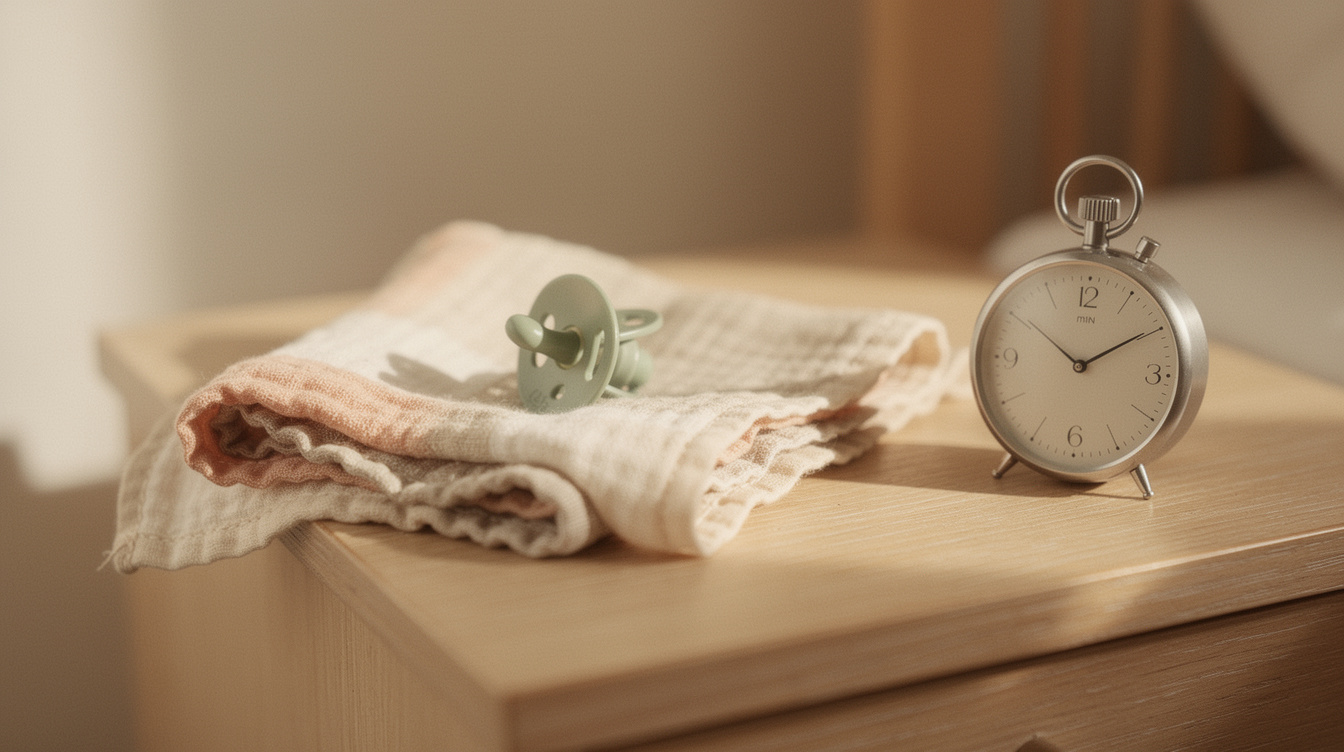 A small pacifier resting on top of a folded muslin burp cloth, beside a stopwatch reading five minutes, on a light wood nightstand — the still, quiet objects a parent reaches for during a bout of newborn hiccups