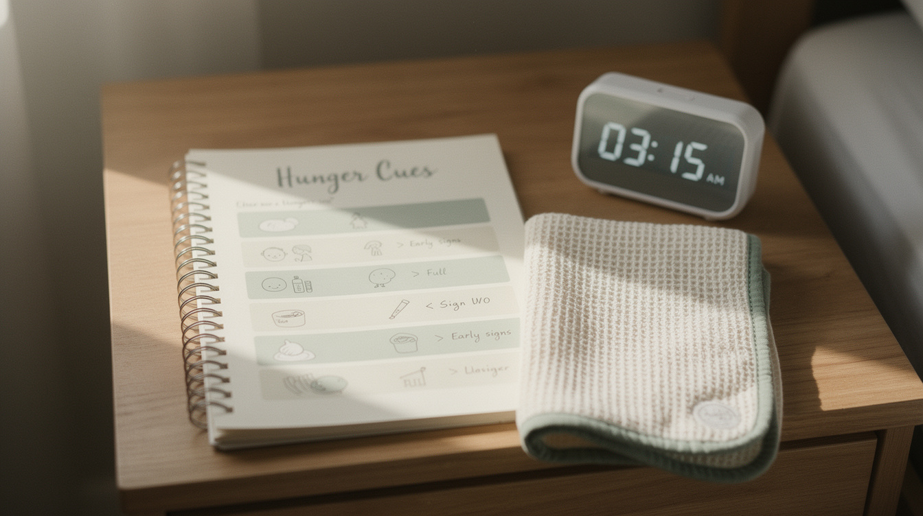 A spiral-bound newborn care notebook open to a printed hunger cues reference chart, beside a folded burp cloth and a small digital clock showing a feeding time, on a wooden nightstand in soft morning light.