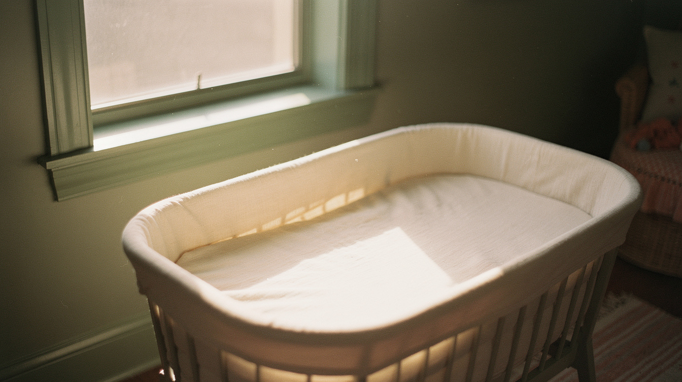 A wide band of warm morning sunlight falling across an empty bassinet mattress beside a bare window