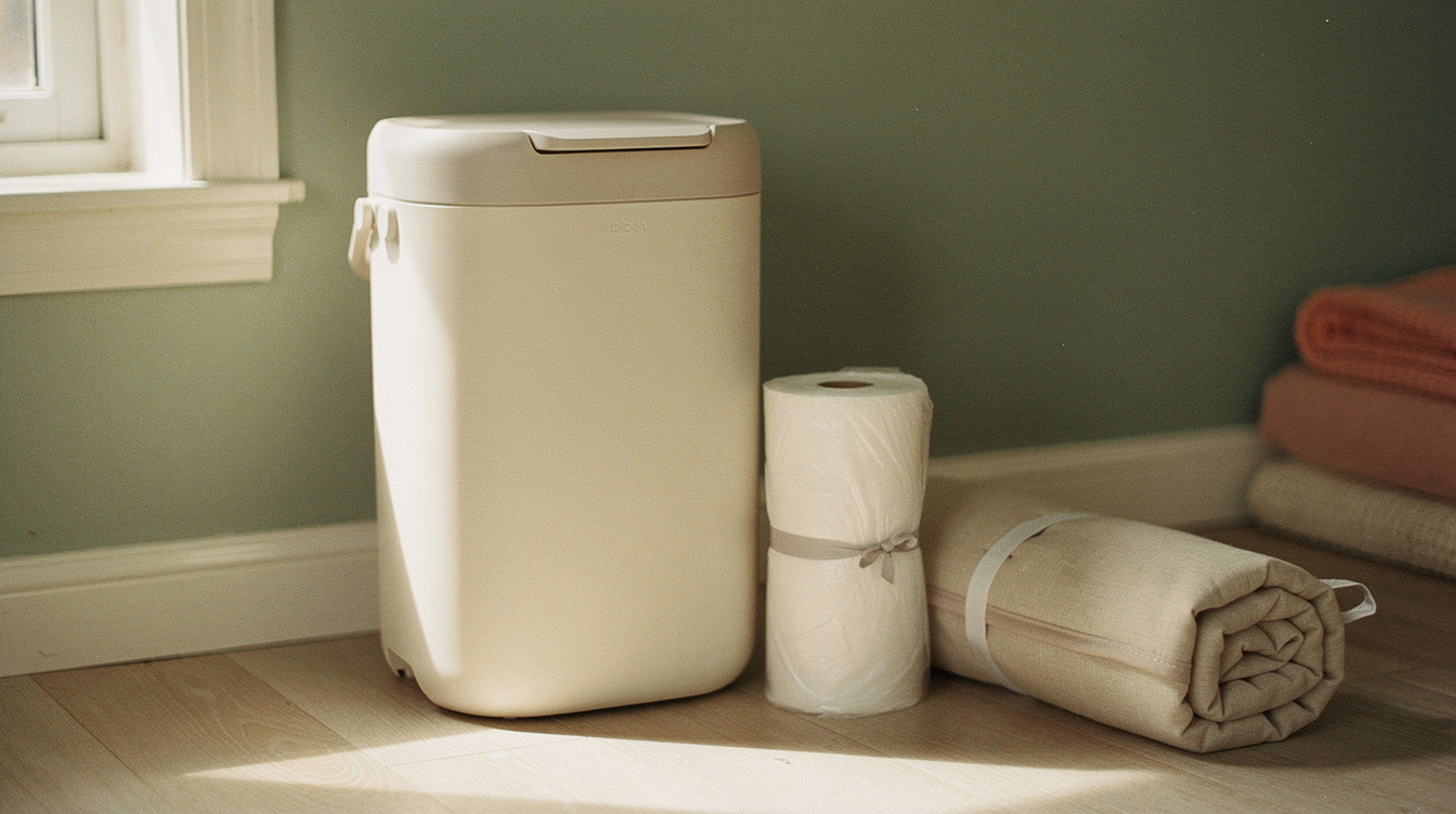 A closed diaper pail beside a fresh roll of liner bags and a rolled changing mat in a tidy nursery corner