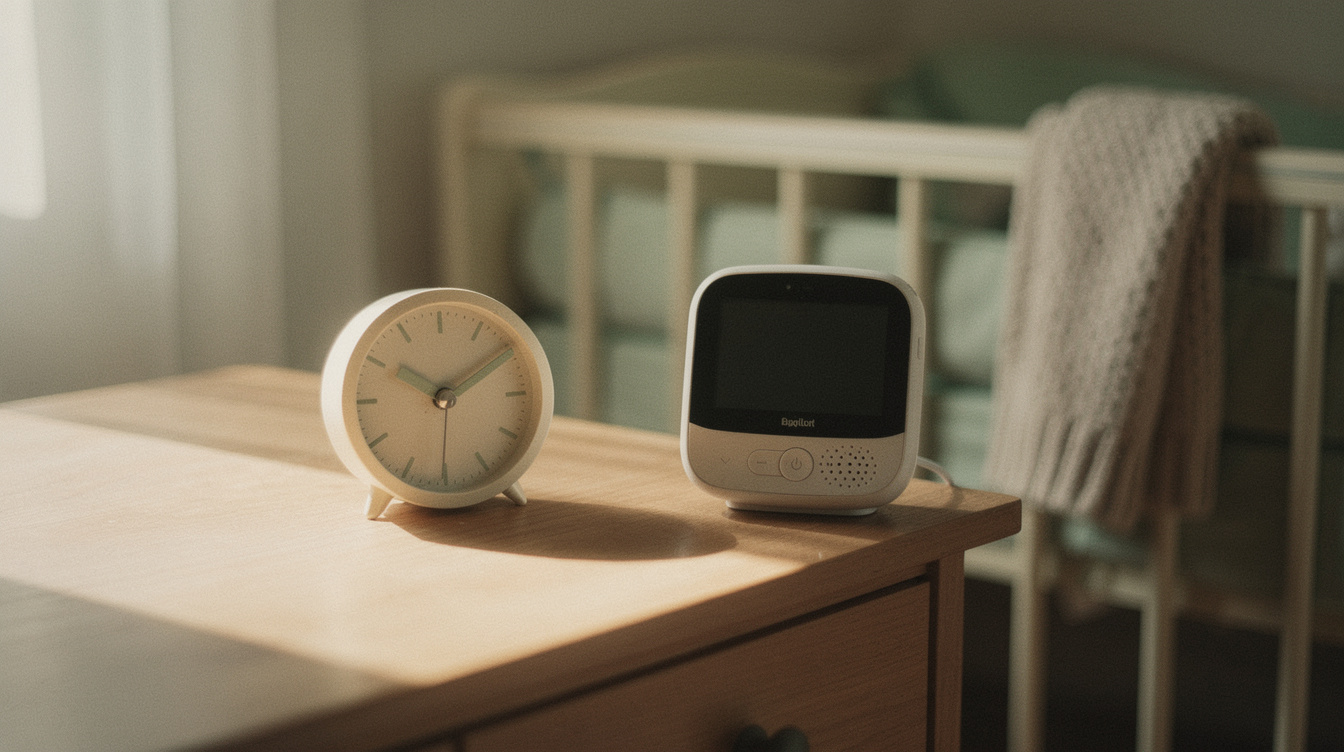 A small analog clock and a baby monitor on a dresser beside a dim nursery crib at first light