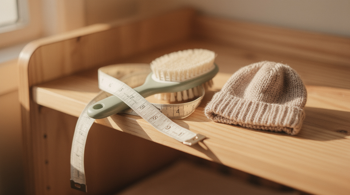 A cloth centimeter tape measure coiled around a soft baby scalp brush next to a small knitted newborn beanie on a wooden nursery shelf in warm morning light