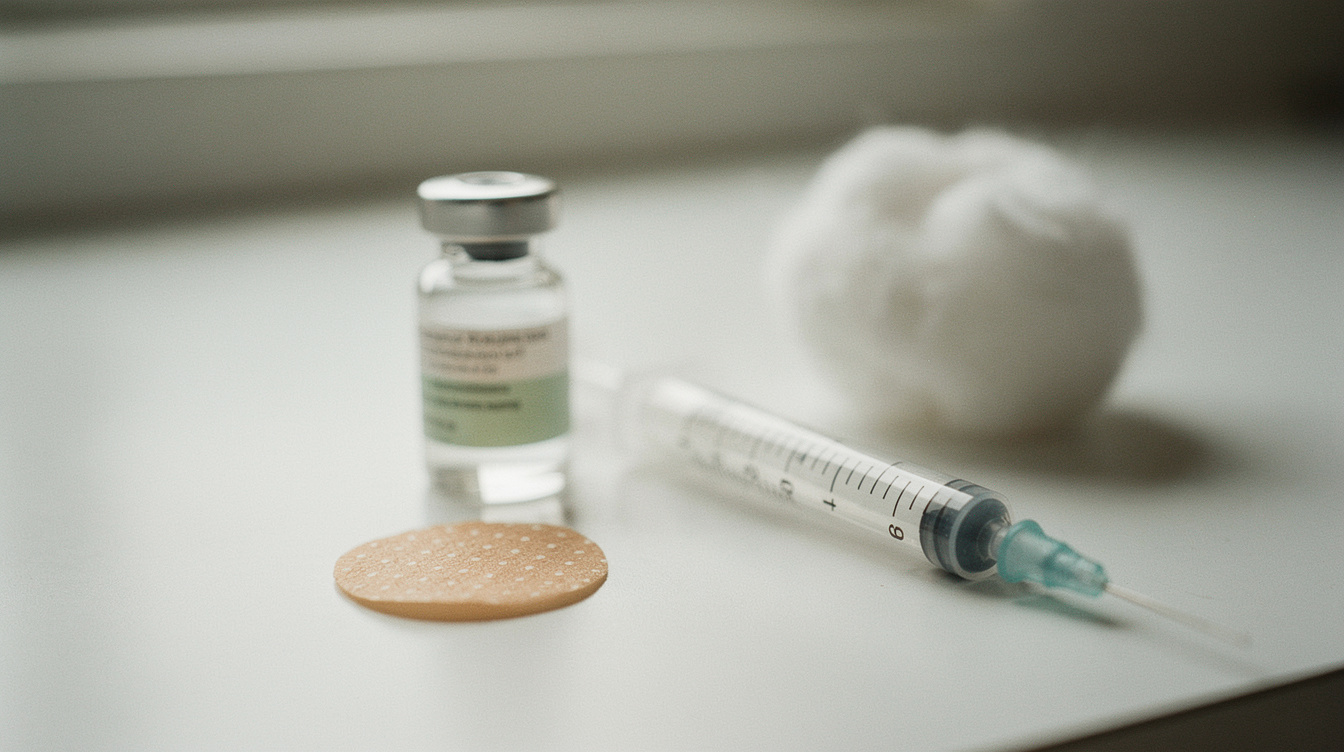 A small glass vaccine vial, a capped pediatric syringe, a round adhesive bandage with a small dot design, and a single cotton ball arranged on a clean white clinical surface in soft diffused natural light