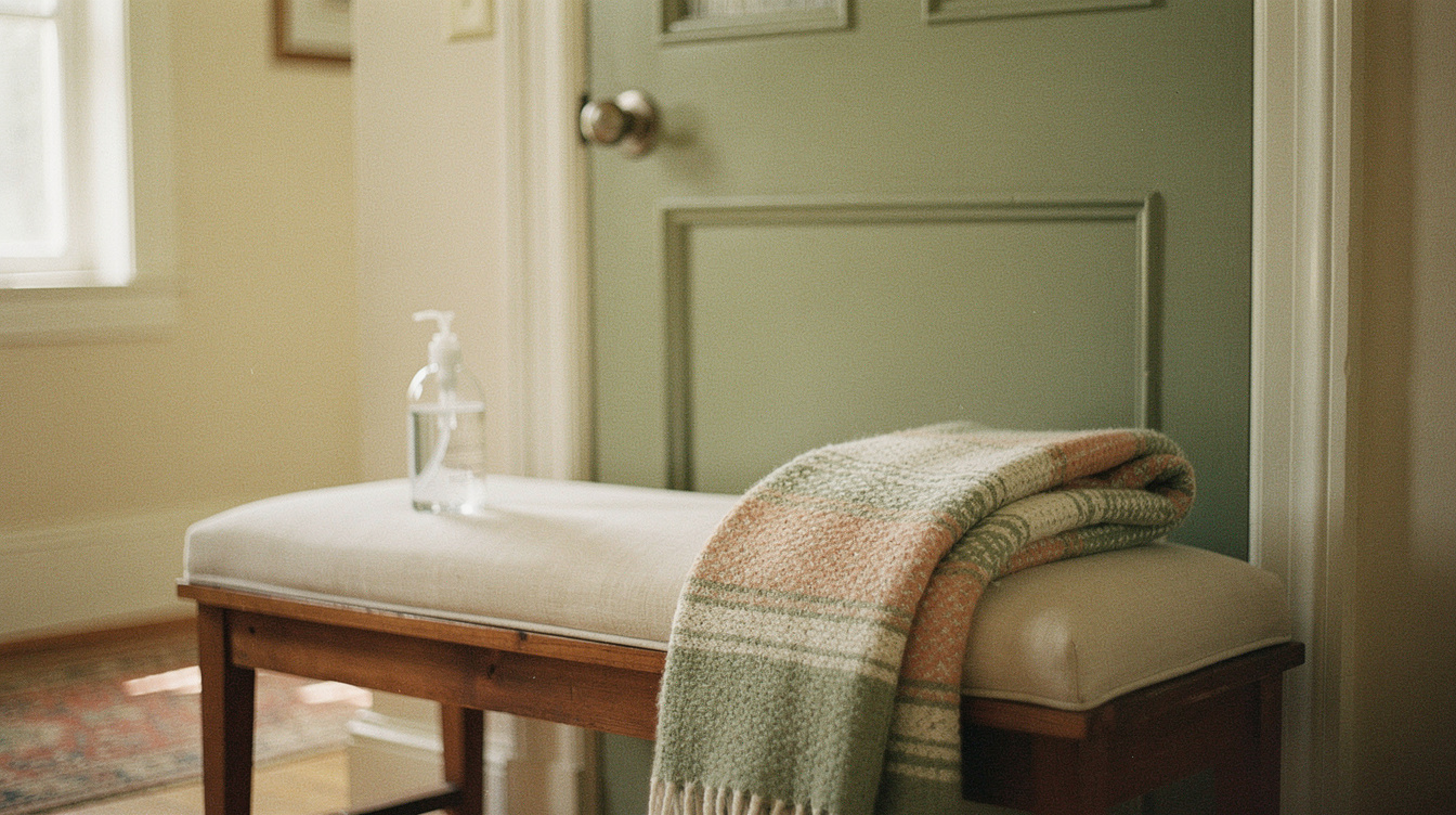 A front entryway bench with a bottle of hand sanitizer and a folded throw beside a closed front door