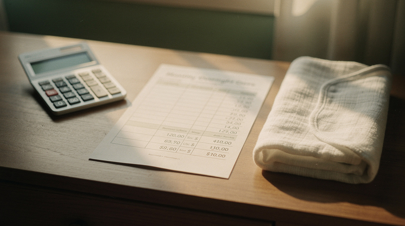 A calculator, a printed monthly overnight-care invoice with visible dollar figures, and a white folded baby swaddle blanket on a wooden desk in warm evening light — no people, no faces, no readable signage or logos