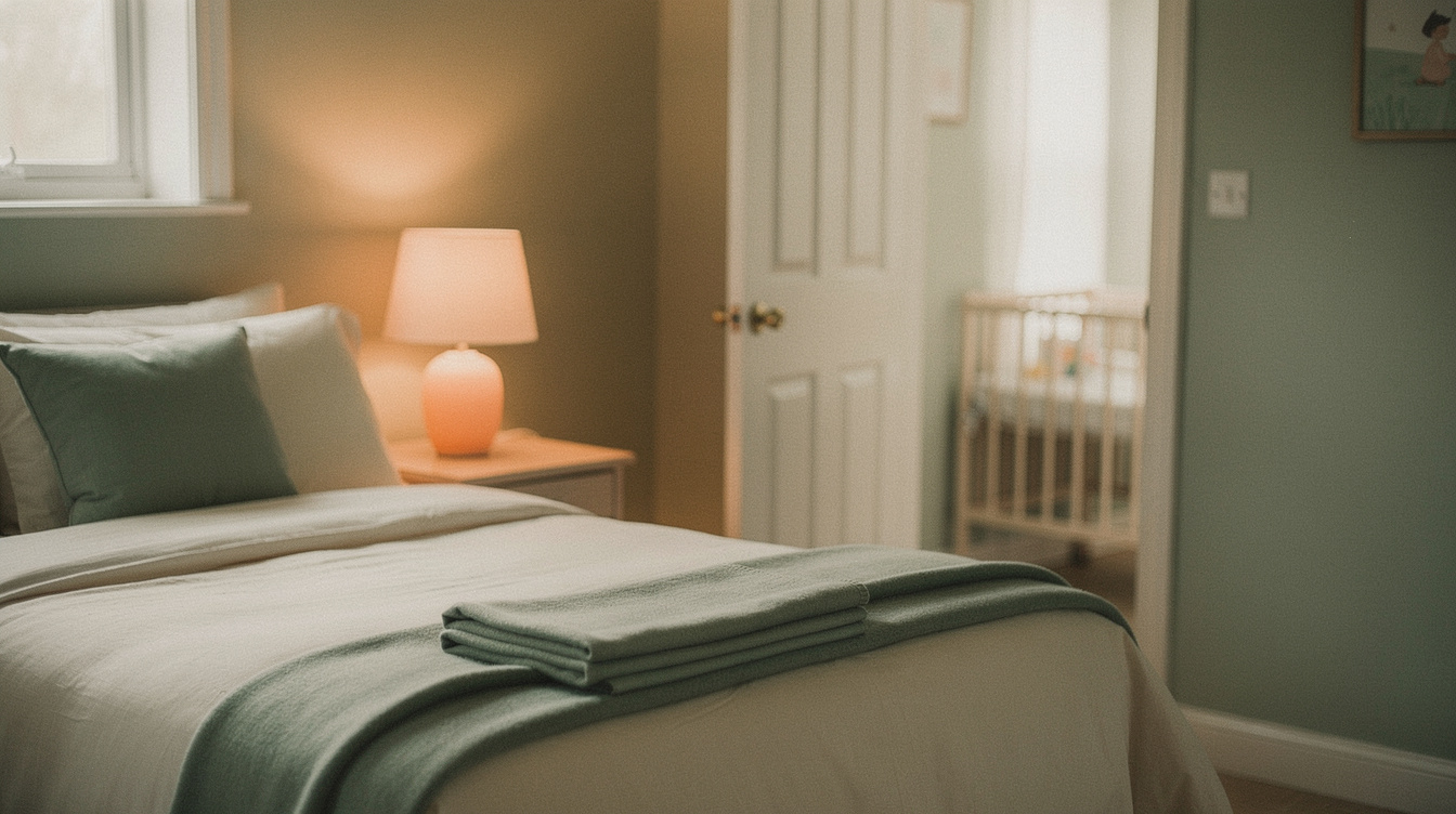 A neatly made guest bed with a folded blanket and a lit bedside lamp in a small room beside an open nursery door