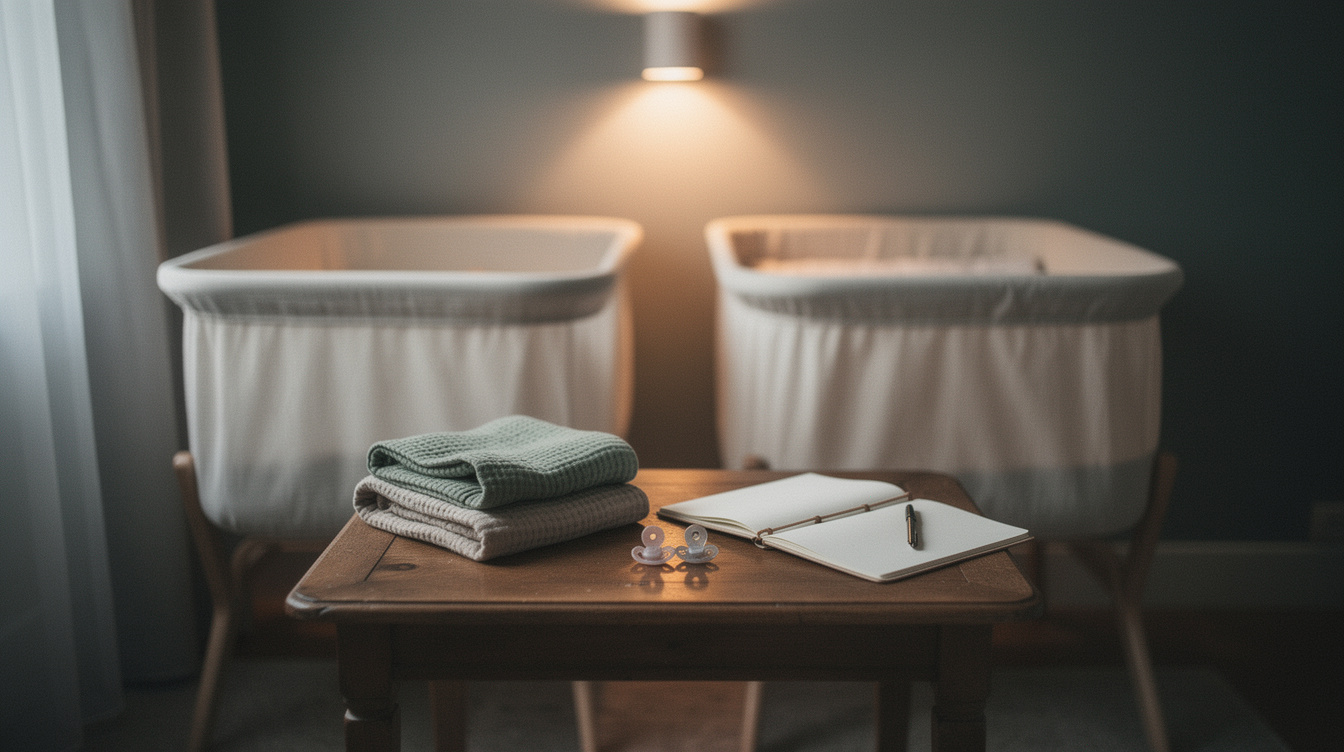 Two side-by-side bassinets in a dim nursery lit by a single warm nightlight, with a pair of matching pacifiers, two folded swaddles, and an open notebook with a pen for twin feeding logs on a low table between them