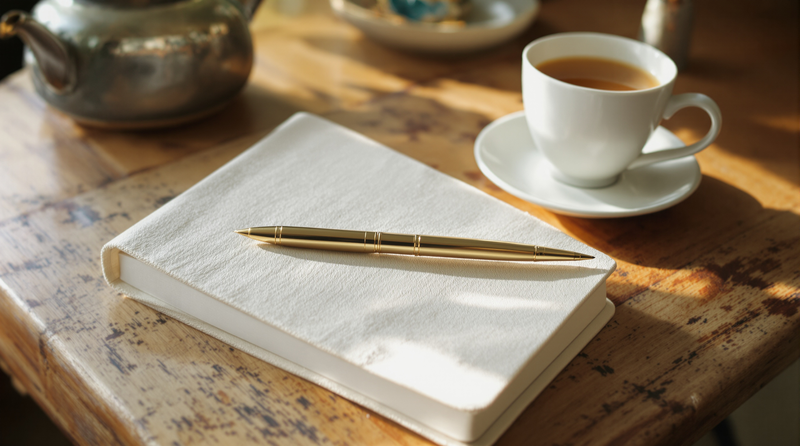A notebook, pen, and cup of tea on a kitchen table in morning light