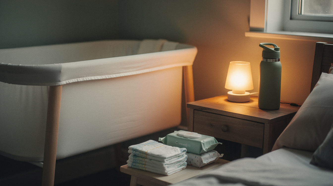 A dim amber night-light on a nightstand at 3 a.m., beside a bedside bassinet with an empty fitted sheet, a stack of clean newborn diapers, a pack of wipes, and a lidded water bottle for the parent — no toys, blankets, or pillows in the bassinet