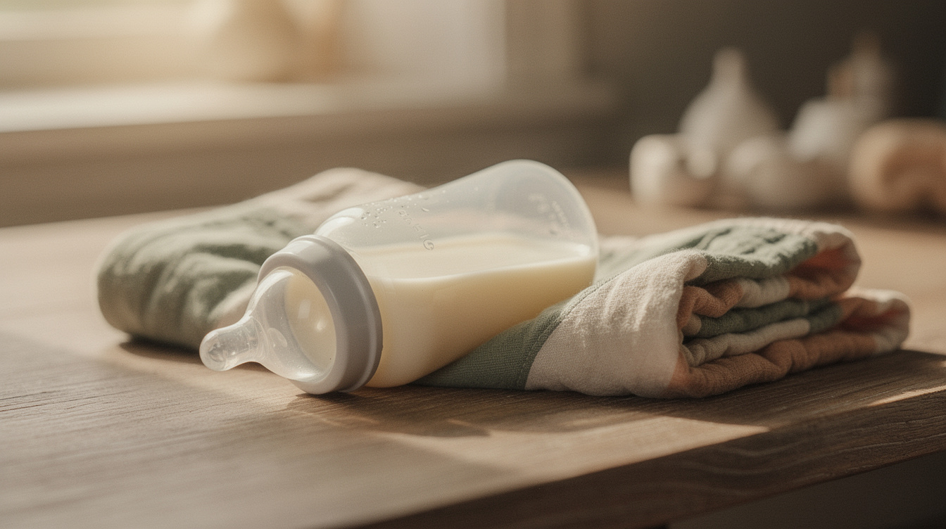 A baby bottle lying on its side on a wooden table, half full of milk, beside a folded burp cloth in soft morning light