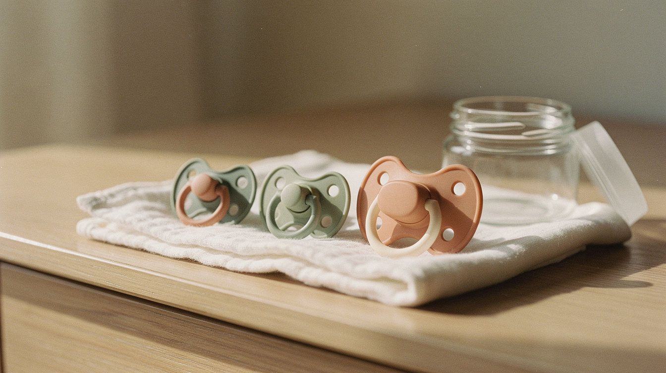 Three one-piece silicone pacifiers in newborn and larger sizes lined up on a folded white muslin cloth beside a small glass sterilizing jar with its lid off, on a light wood dresser in soft morning light