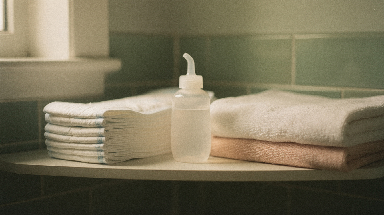 A stack of maternity pads, a peri bottle and a folded towel on a bathroom shelf in soft light